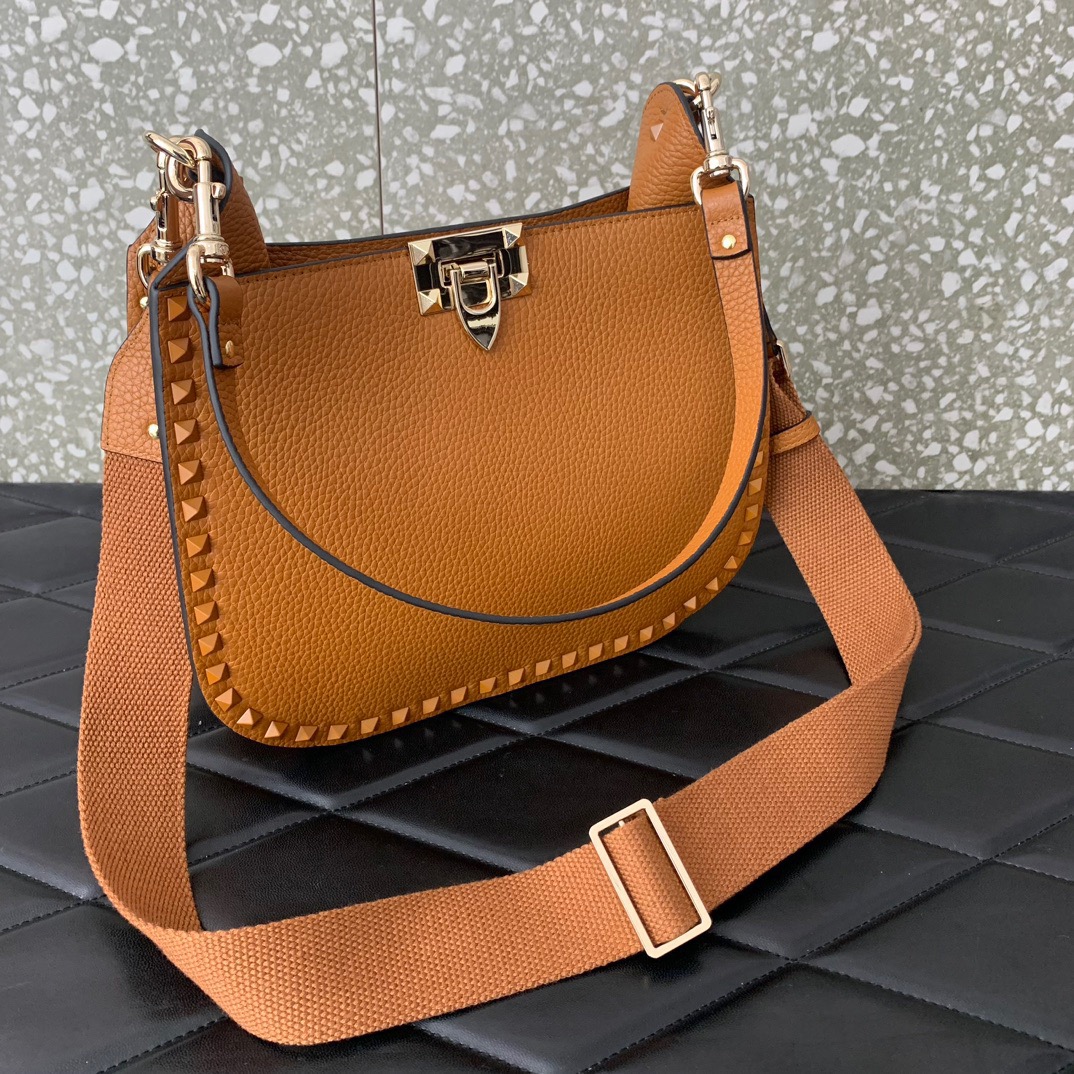 Valentino Garavani Rockstud Hobo Bag in Brown Grainy Calfskin